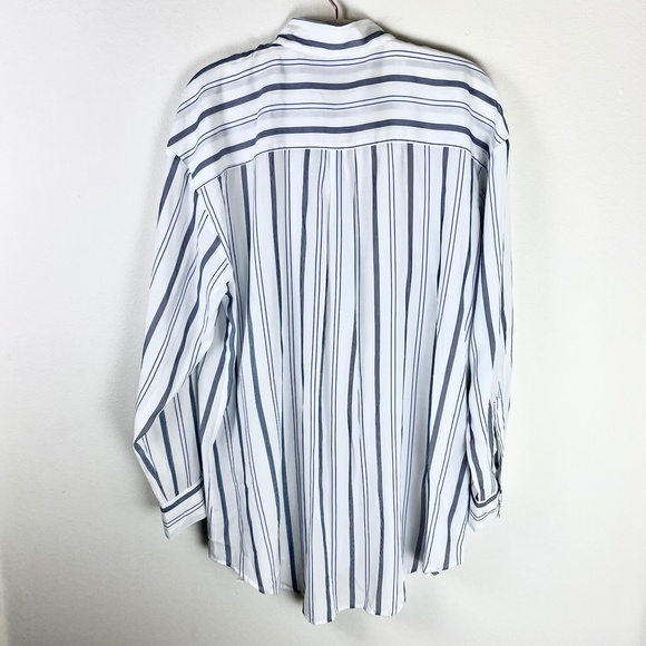Elizabeth and James Tie Neck Button Down Shirt Blue White Striped Long Sleeve - Picture 5 of 7